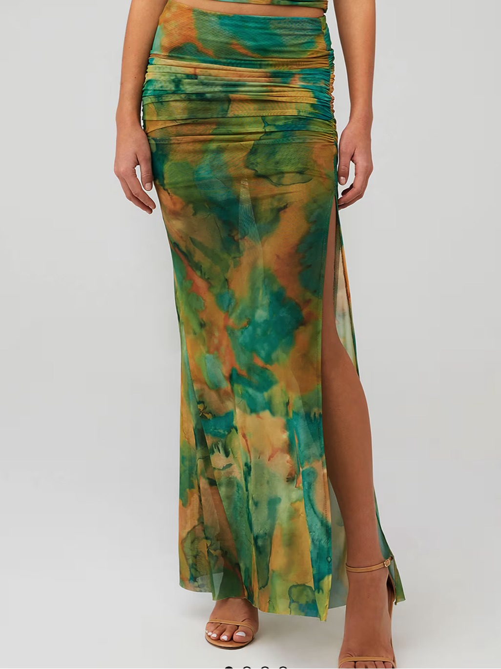 Ronny Kobo Collection Green And Tan Watercolor Ruched Maxi Skirt